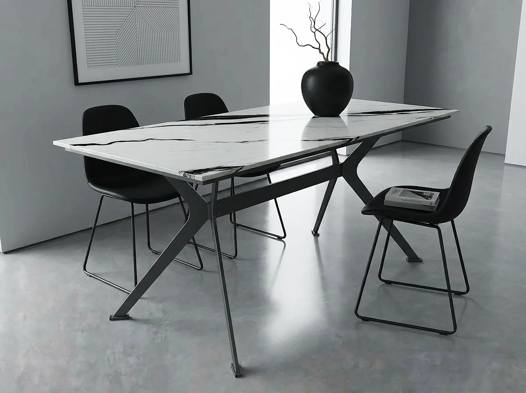 Mesa de comedor con cubierta blanca de vetas oscuras, base negra y cuatro sillas